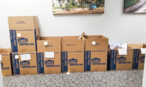 boxes of donated toys